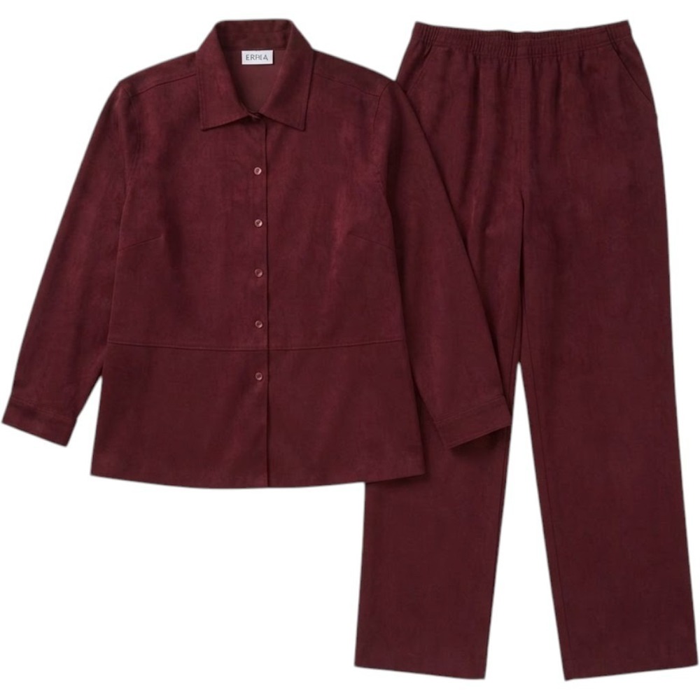 Erika Collection Shirt Pants 2 Piece Set Womens M Red Collared Elastic Waist